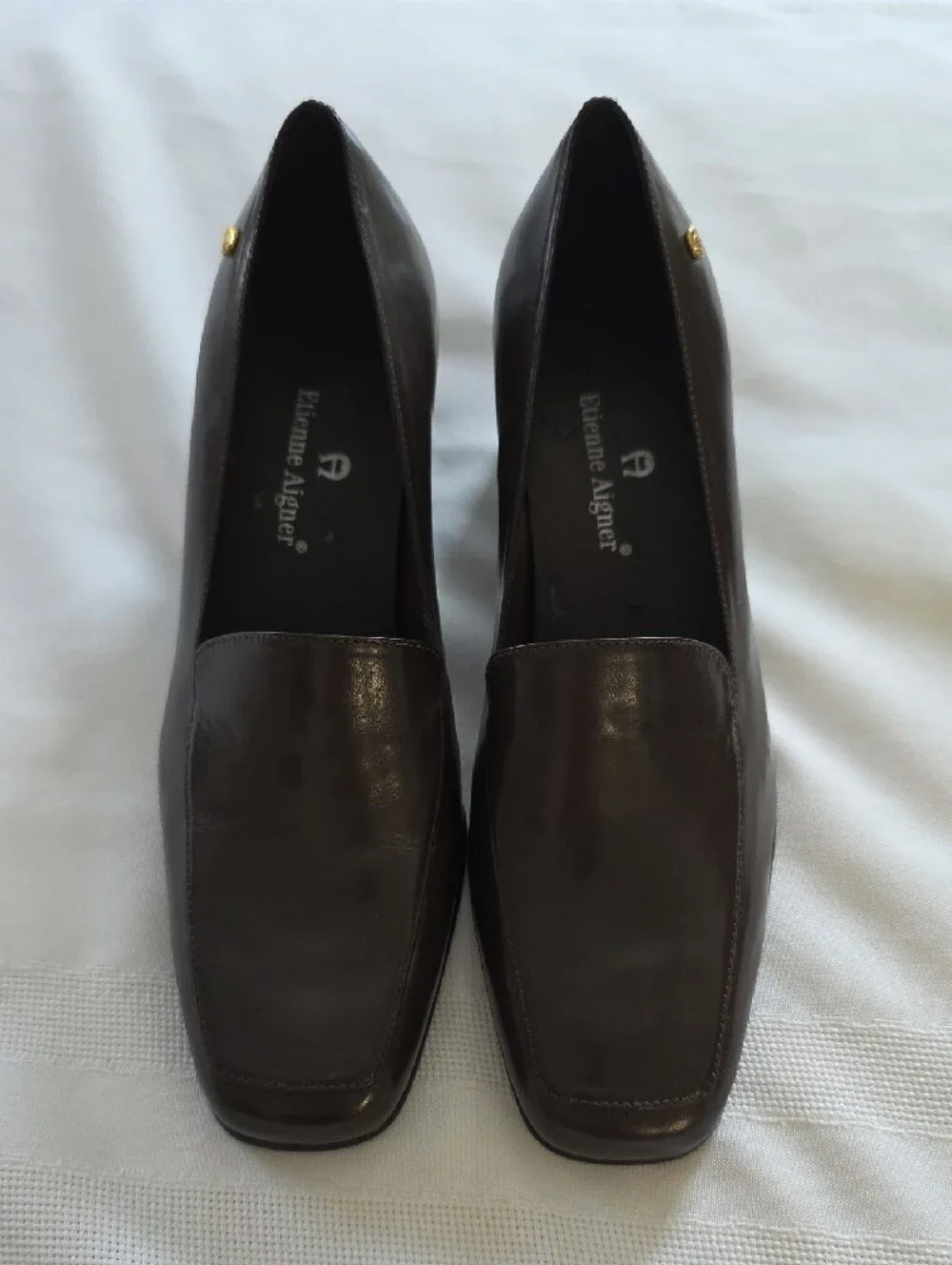 Vintage Etienne Aigner Dark Brown Leather Square Block Heel Pumps NOS 6 Samples